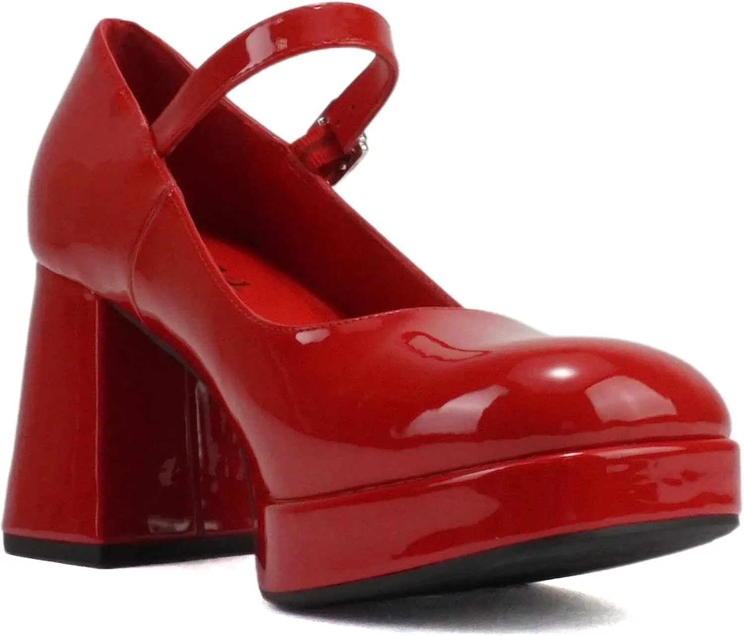 Soda “NOSTA” ~ Women Square Toe Mary Jane Platform High Chunky Flare Heel Pump Shoe with Adjustable Ankle Strap