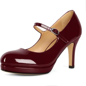Soireelady Women's Platform Mary Jane Pumps Closed Round Toe Ankle Strap Stiletto High Heels Dress Shoes 3.5 Inches