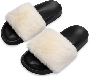 Spesoul Womens Fuzzy Slides Open Toe Furry Slide Slippers Indoor Outdoor Slides Sandals Casual Flat Fluffy House Slippers