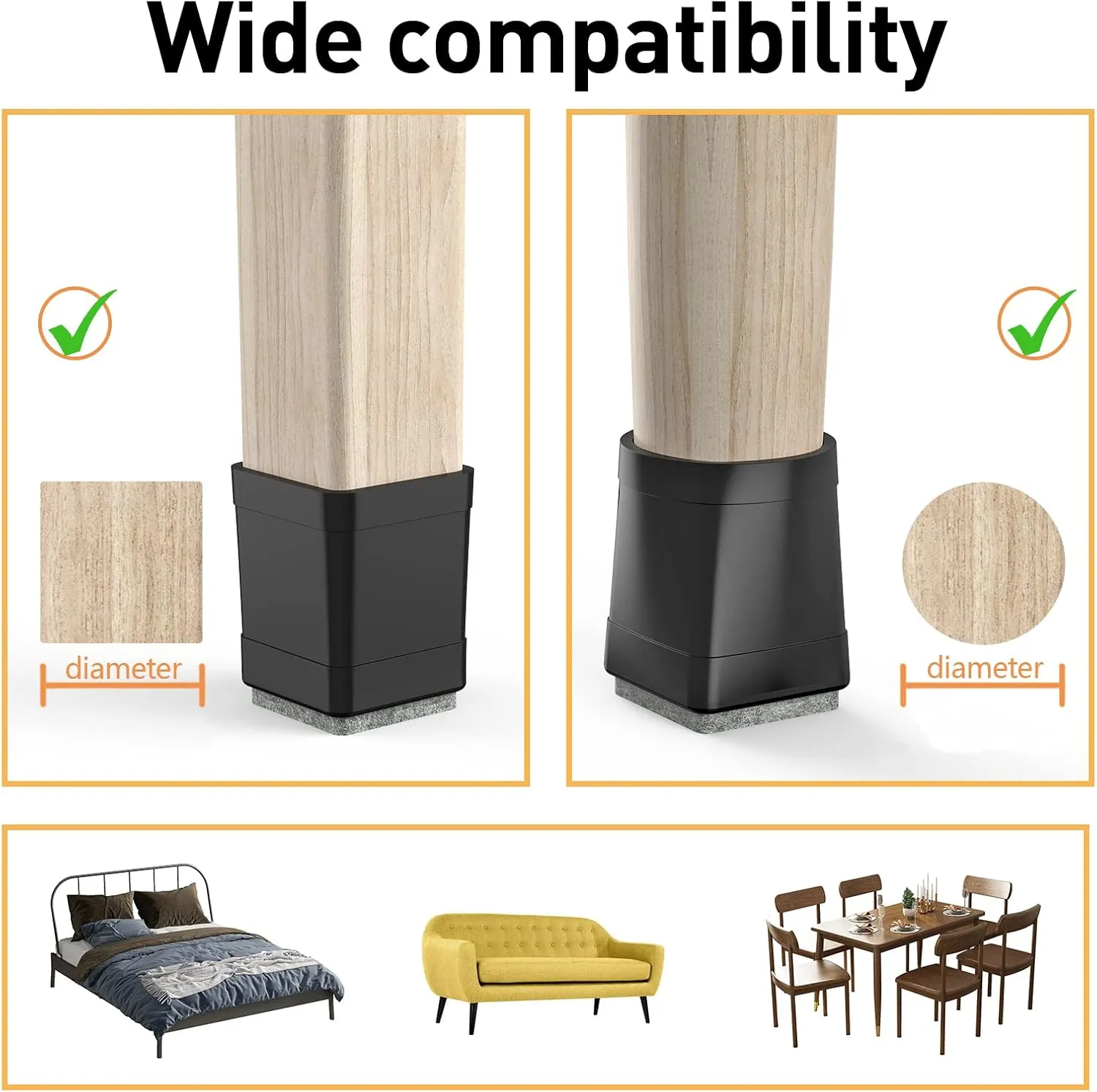 Square Chair Leg Protectors for Hardwood Floors, 16 Pcs Silicone Felt Furniture Leg Cover,1.16-1.42", Black.