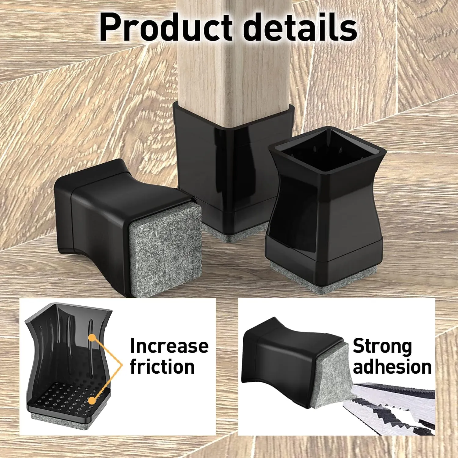 Square Chair Leg Protectors for Hardwood Floors, 16 Pcs Silicone Felt Furniture Leg Cover,1.16-1.42", Black.