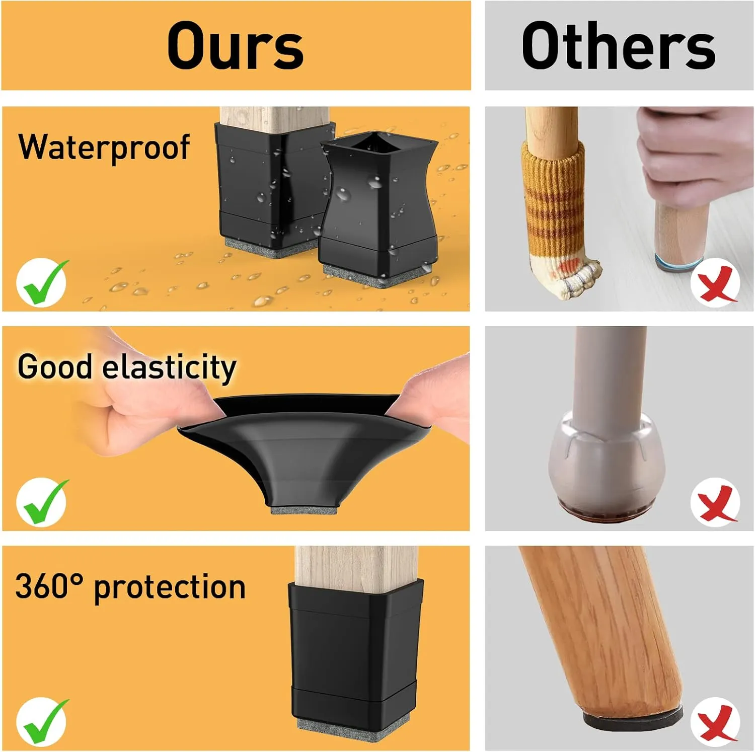 Square Chair Leg Protectors for Hardwood Floors, 16 Pcs Silicone Felt Furniture Leg Cover,1.16-1.42", Black.