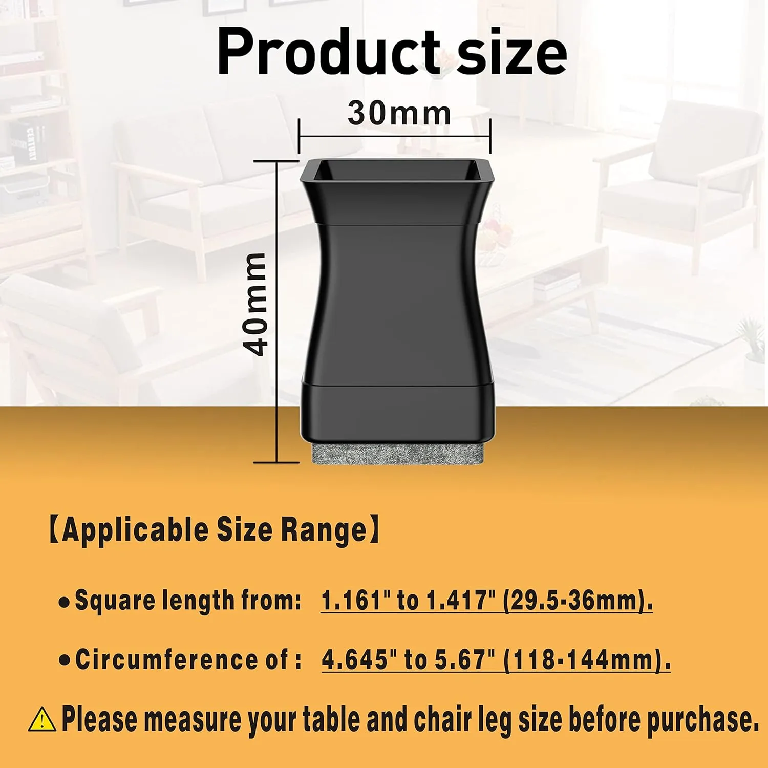 Square Chair Leg Protectors for Hardwood Floors, 16 Pcs Silicone Felt Furniture Leg Cover,1.16-1.42", Black.