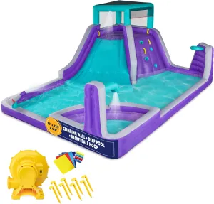 Sunny & Fun Four Corner Inflatable Water Slide Park – Heavy-Duty for Outdoor Fun - Climbing Wall, Slide & Deep Pool – Easy to Set Up & Inflate with Included Air Pump & Carrying Case
