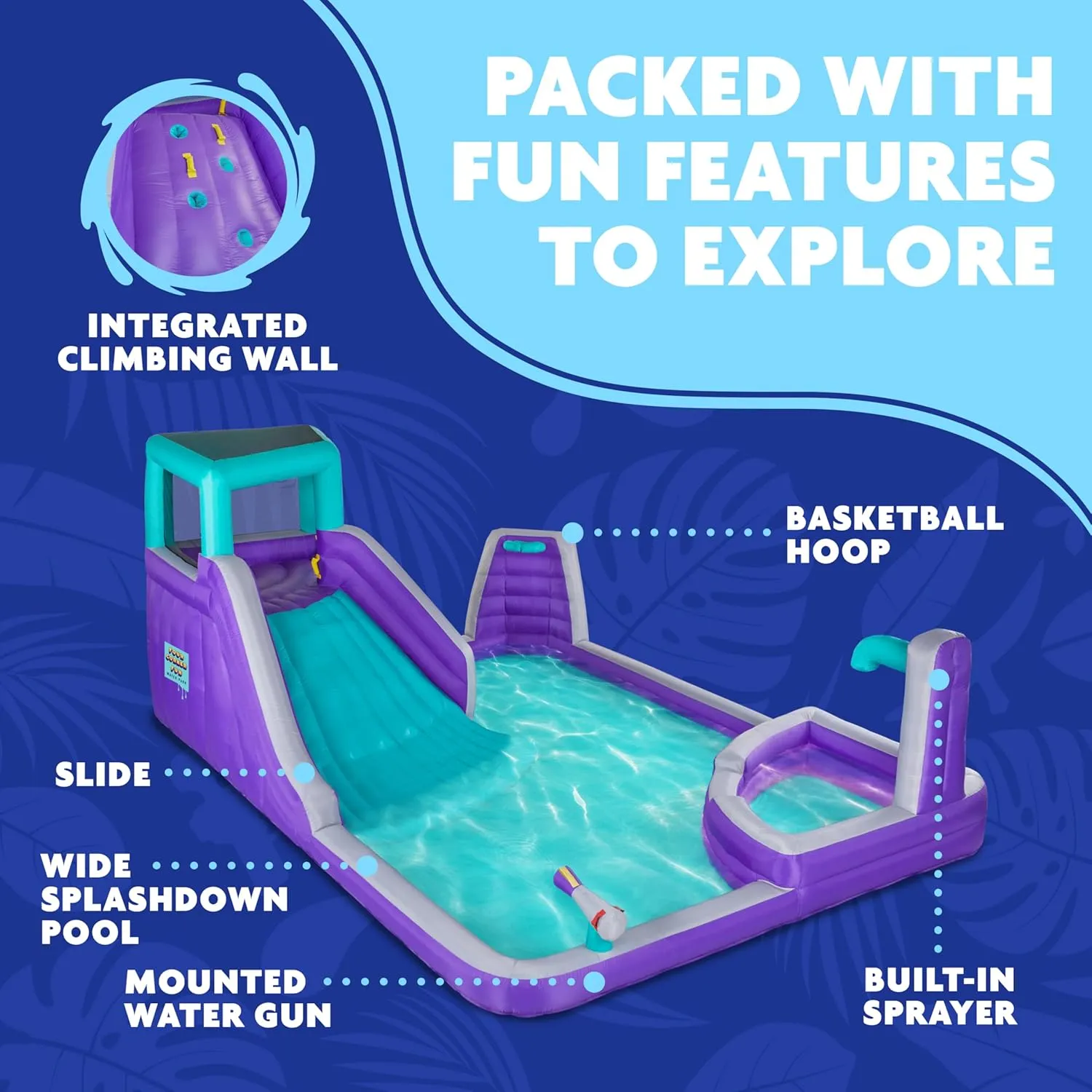Sunny & Fun Four Corner Inflatable Water Slide Park – Heavy-Duty for Outdoor Fun - Climbing Wall, Slide & Deep Pool – Easy to Set Up & Inflate with Included Air Pump & Carrying Case