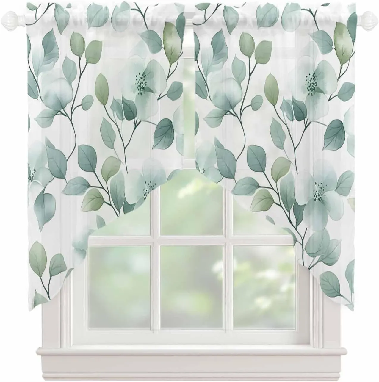 Swag Valances for Windows Leaf Floral Watercolor Green Plant Botanical Countryside Semi Sheer Valance Curtains Voile Swags Topper Curtain for Kitchen Living Room Bedroom, 2 Panels, 36x36 Inch