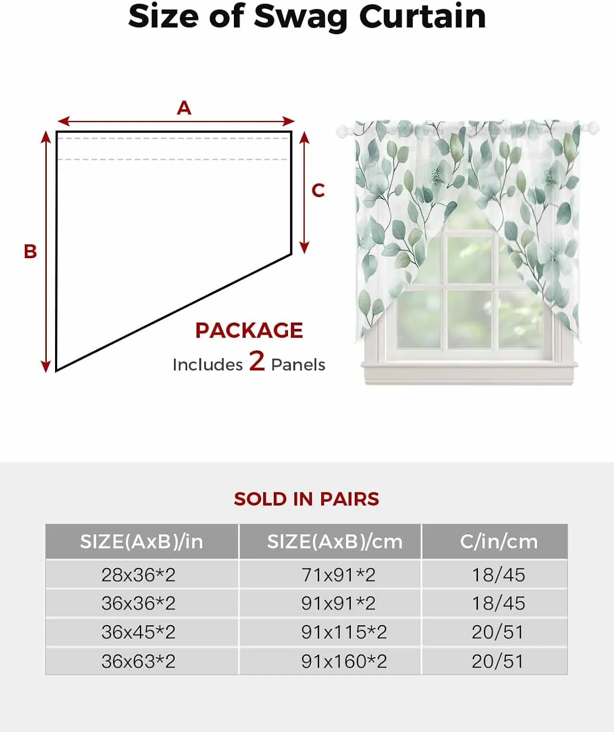 Swag Valances for Windows Leaf Floral Watercolor Green Plant Botanical Countryside Semi Sheer Valance Curtains Voile Swags Topper Curtain for Kitchen Living Room Bedroom, 2 Panels, 36x36 Inch