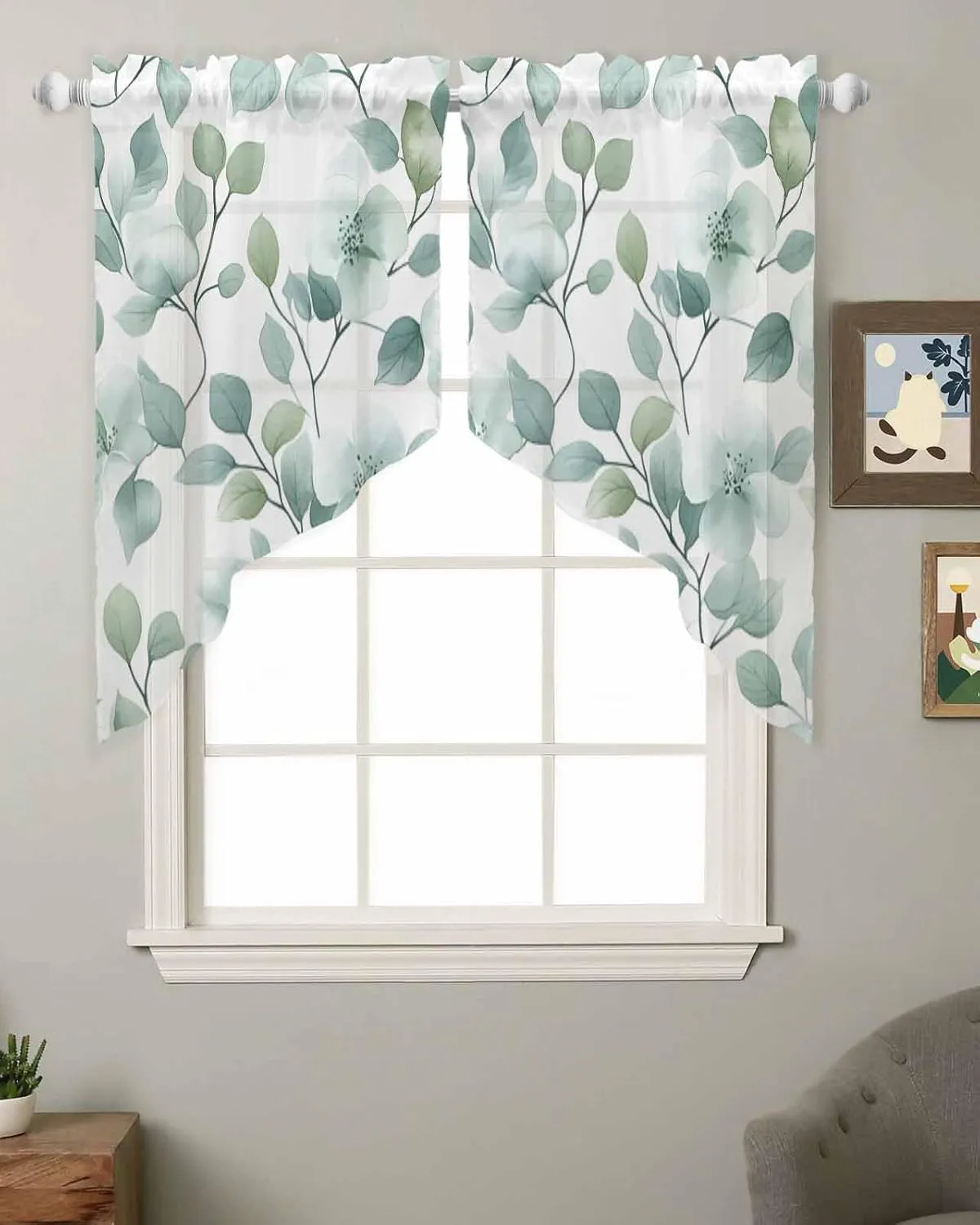 Swag Valances for Windows Leaf Floral Watercolor Green Plant Botanical Countryside Semi Sheer Valance Curtains Voile Swags Topper Curtain for Kitchen Living Room Bedroom, 2 Panels, 36x36 Inch