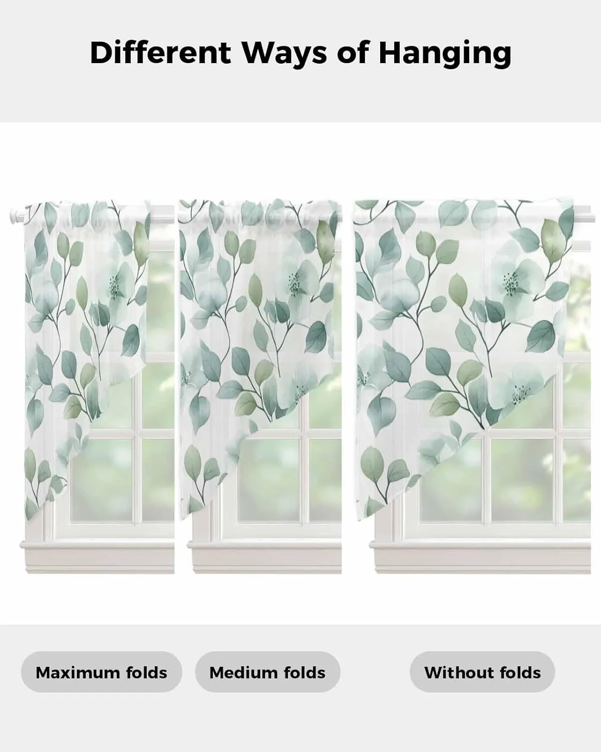 Swag Valances for Windows Leaf Floral Watercolor Green Plant Botanical Countryside Semi Sheer Valance Curtains Voile Swags Topper Curtain for Kitchen Living Room Bedroom, 2 Panels, 36x36 Inch