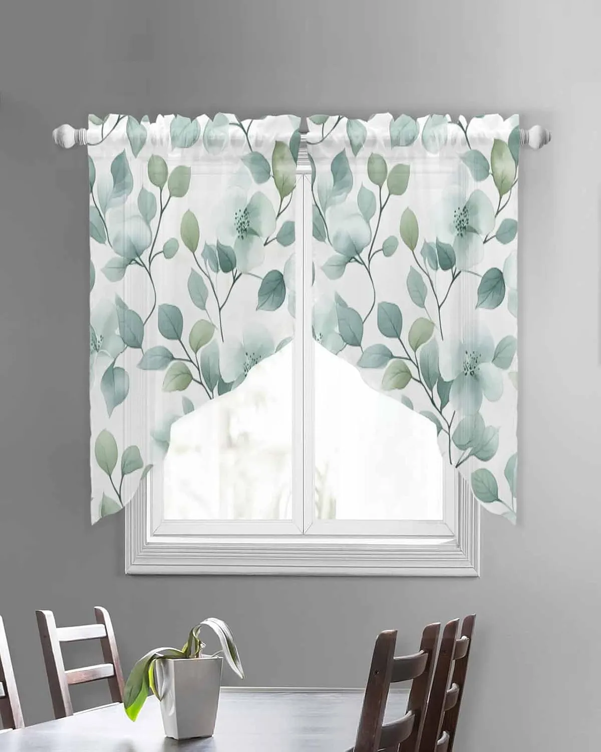 Swag Valances for Windows Leaf Floral Watercolor Green Plant Botanical Countryside Semi Sheer Valance Curtains Voile Swags Topper Curtain for Kitchen Living Room Bedroom, 2 Panels, 36x36 Inch