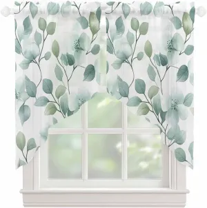 Swag Valances for Windows Leaf Floral Watercolor Green Plant Botanical Countryside Semi Sheer Valance Curtains Voile Swags Topper Curtain for Kitchen Living Room Bedroom, 2 Panels, 36x36 Inch