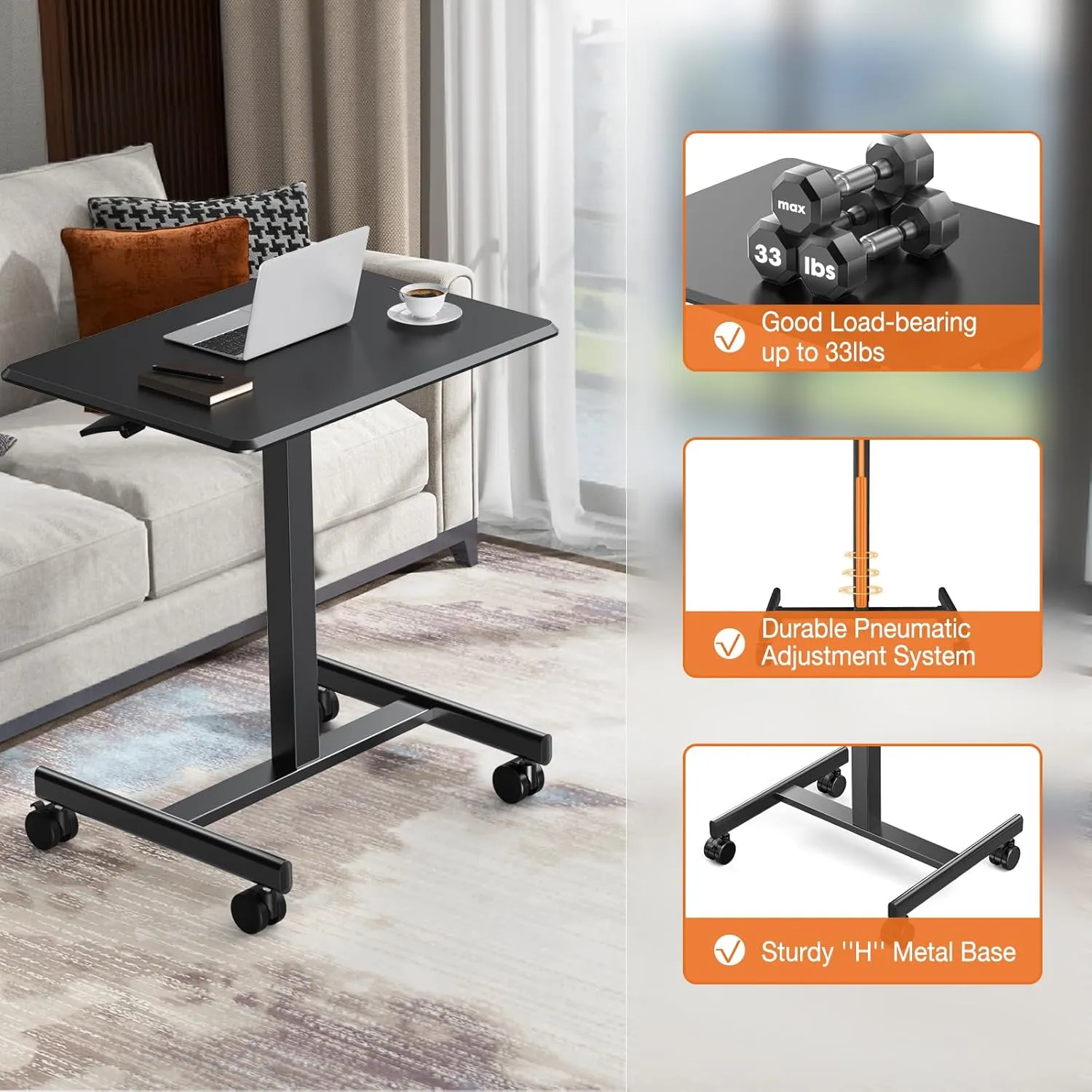 Sweetcrispy Small Mobile Standing Desk, Rolling Laptop Computer Carts, Portable Laptop Desk with Wheels, Adjustable Height Table for Home Office, Black