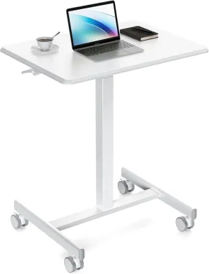 Sweetcrispy Small Mobile Standing Desk, Rolling Laptop Computer Carts, Portable Laptop Desk with Wheels, Adjustable Height Table for Home Office, White