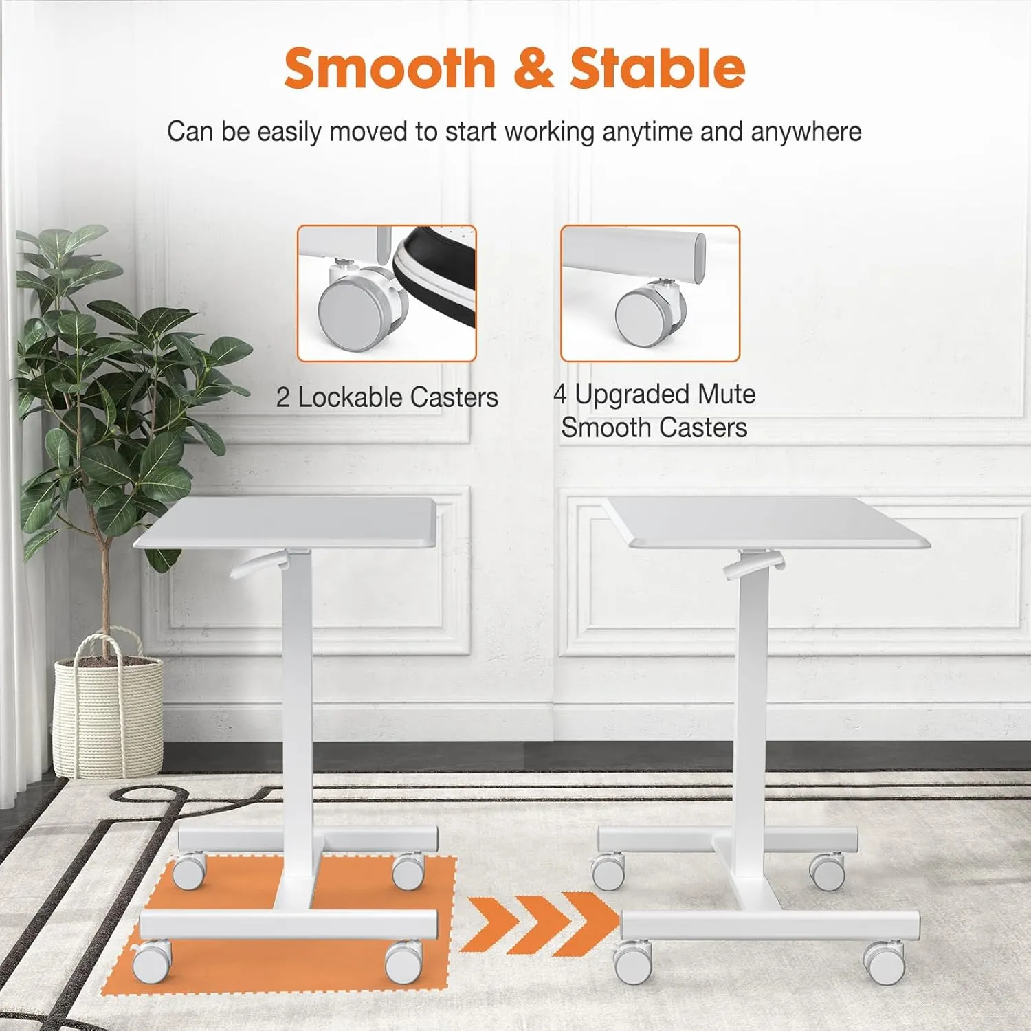 Sweetcrispy Small Mobile Standing Desk, Rolling Laptop Computer Carts, Portable Laptop Desk with Wheels, Adjustable Height Table for Home Office, White