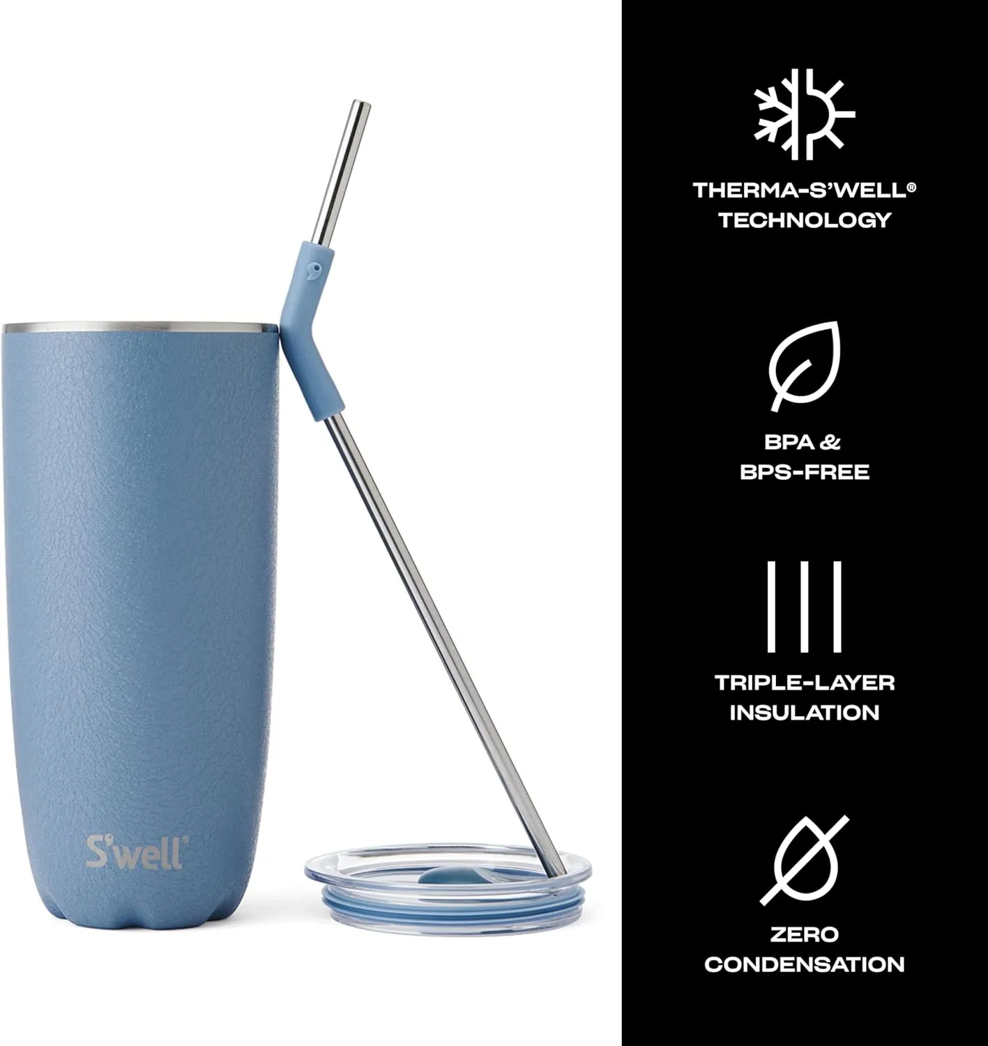 S'well Stainless Steel Tumbler with Straw and Slide-Open Lid, 24oz, Desert Sky, Triple Layered Vacuum Insulated Containers Keeps Drinks Cold for 18 Hours and Hot for 5, BPA Free