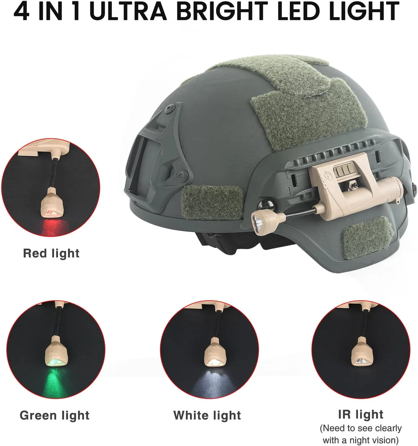 Tactical Helmet Light Military, IR Red Green White 4 in 1 LED Outdoor Survival Signal Light, with 2 Replaceable Helmet Accessories for Hunting Training