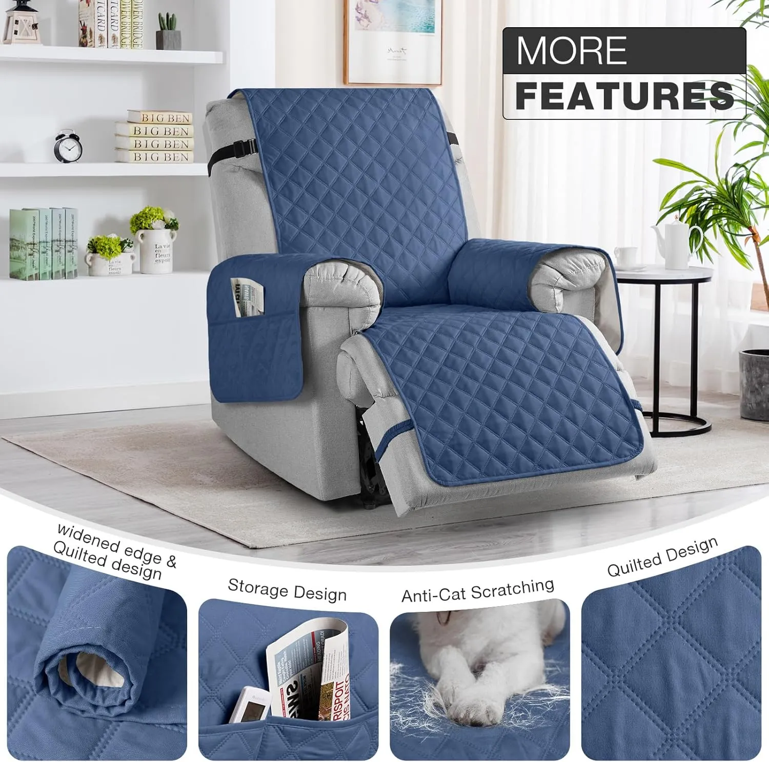 TAOCOCO Waterproof Recliner Chair Cover Sofa Slipcover, Pet Cover for Small Recliner Chair with Elastic Straps, Washable Reclining Chair Cover Recliner Furniture Protector (23'' Small, Ocean Blue)