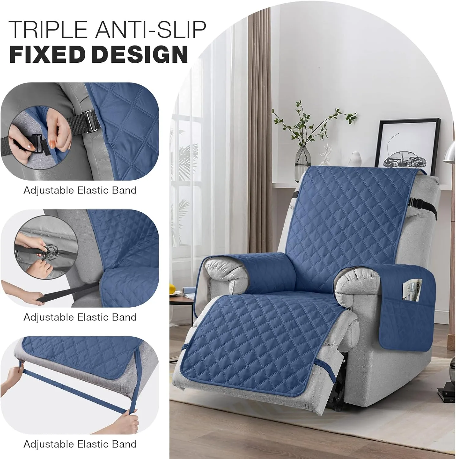 TAOCOCO Waterproof Recliner Chair Cover Sofa Slipcover, Pet Cover for Small Recliner Chair with Elastic Straps, Washable Reclining Chair Cover Recliner Furniture Protector (23'' Small, Ocean Blue)