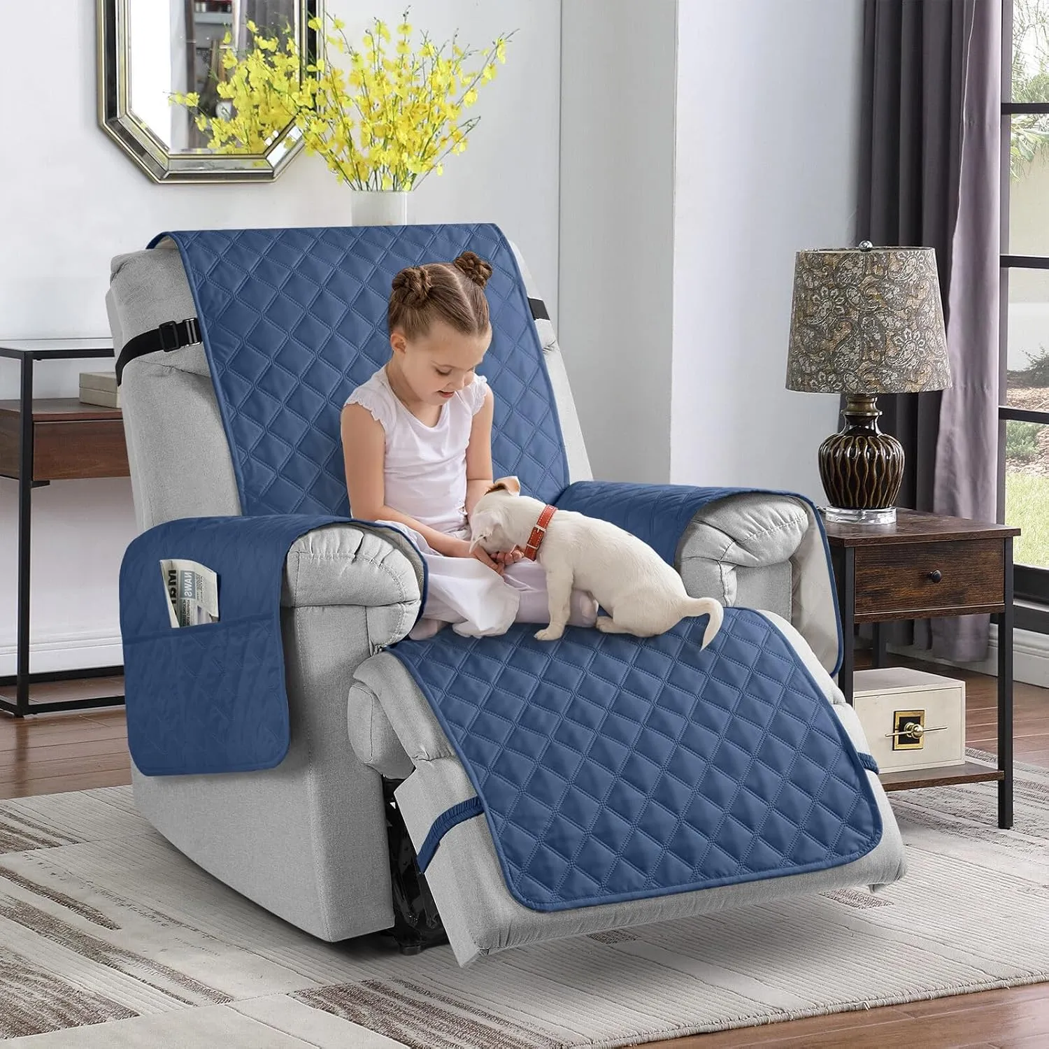 TAOCOCO Waterproof Recliner Chair Cover Sofa Slipcover, Pet Cover for Small Recliner Chair with Elastic Straps, Washable Reclining Chair Cover Recliner Furniture Protector (23'' Small, Ocean Blue)