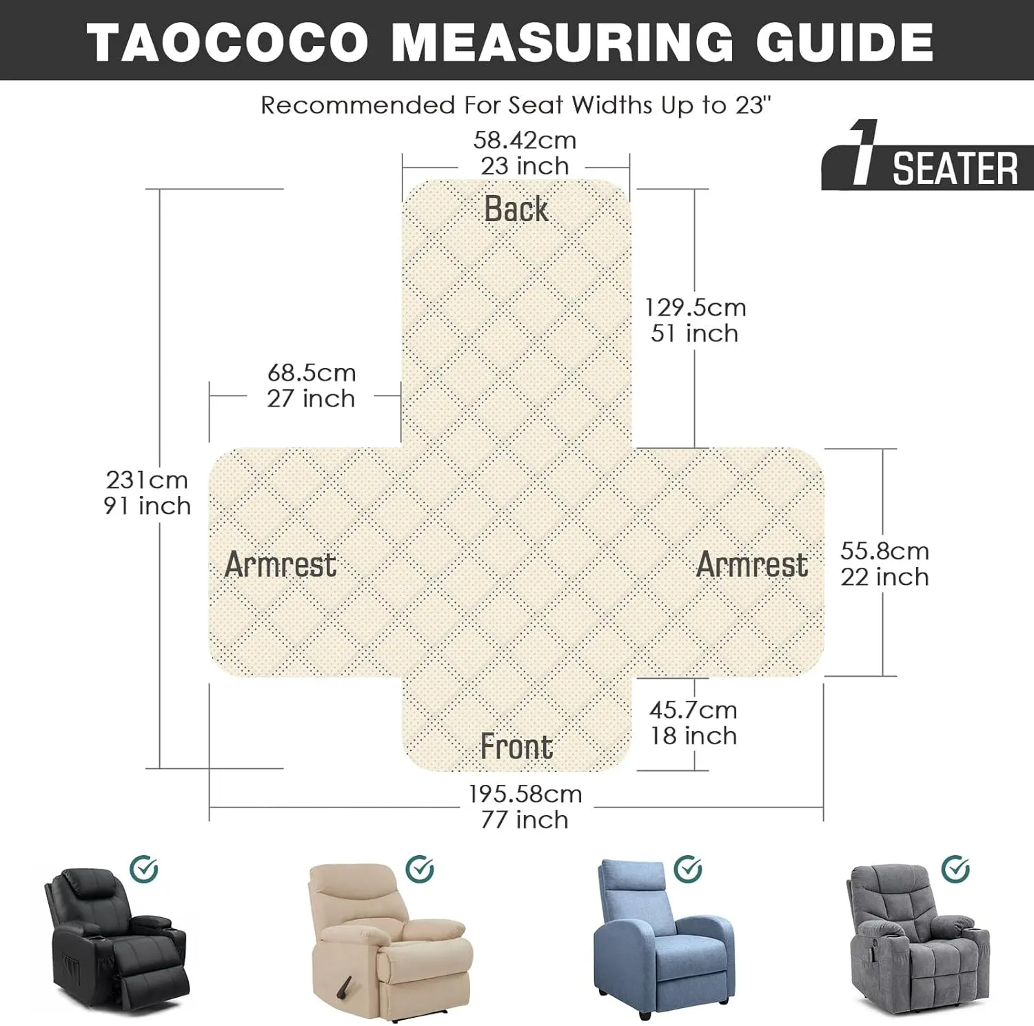TAOCOCO Waterproof Recliner Chair Cover Sofa Slipcover, Pet Cover for Small Recliner Chair with Elastic Straps, Washable Reclining Chair Cover Recliner Furniture Protector (23'' Small, Ocean Blue)