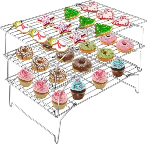 TeamFar Cooling Rack, 3 Tier 15’’ × 10’’ Oven/Dishwasher Safe Stainless Steel Baking Roasting Rack for Cookies Cake Pies Bread, Collapsible & Foldable, Healthy & Non Toxic