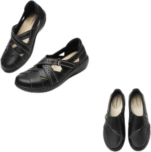 TERRIKAT Bundle of 2 Pairs Women's Classic Casual Black Leather Loafers Cute Slip On Comfort Walking Flats Lightweight Work Shoes 9 M US