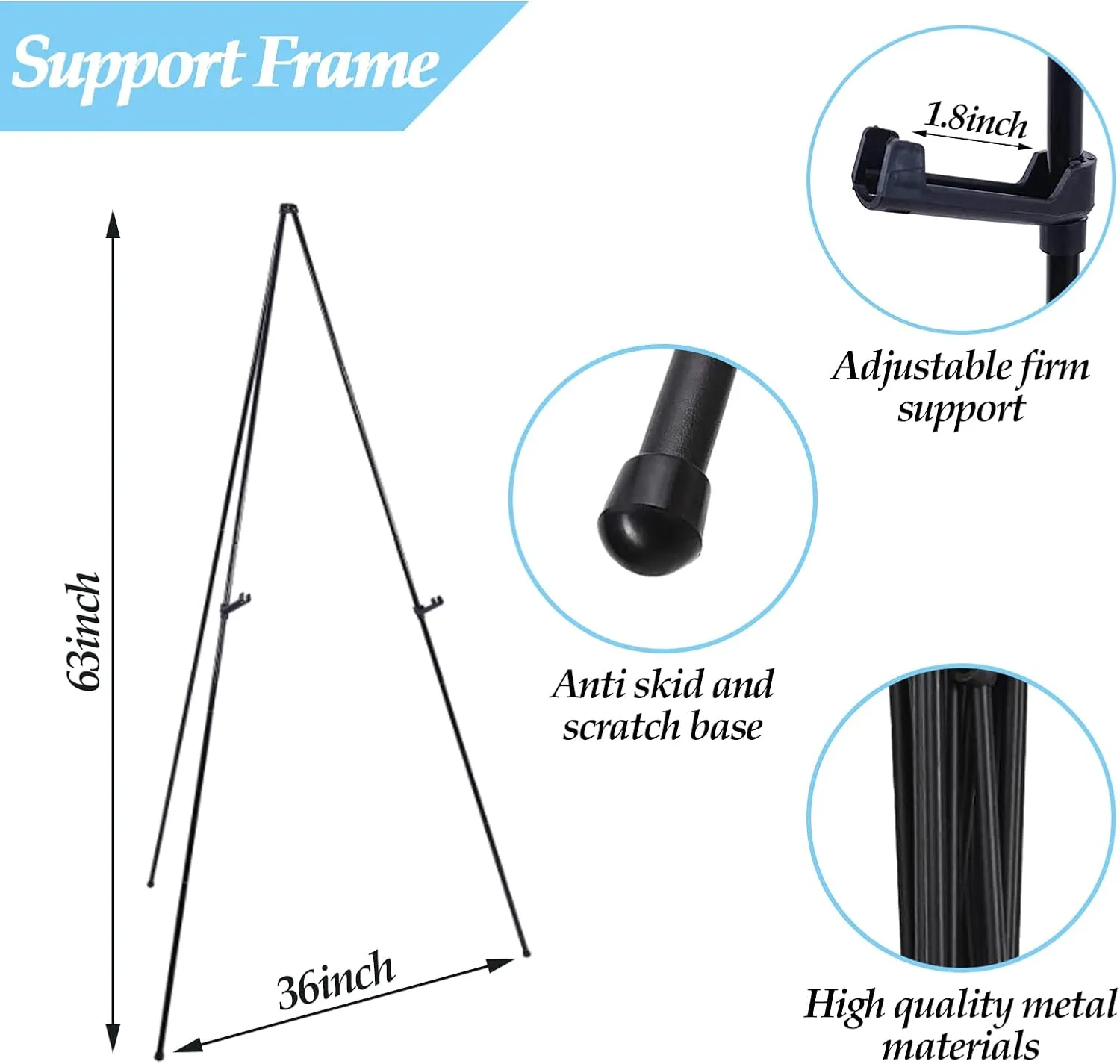Thickened Easel Stand for Wedding Sign & Poster 63'' Portable Easels for Display Art Easel for Floor Adjustable Metal Easel Stand,Quick Set-Up Tripod Stand, Presentations,Signs,Posters (Black 1PC)