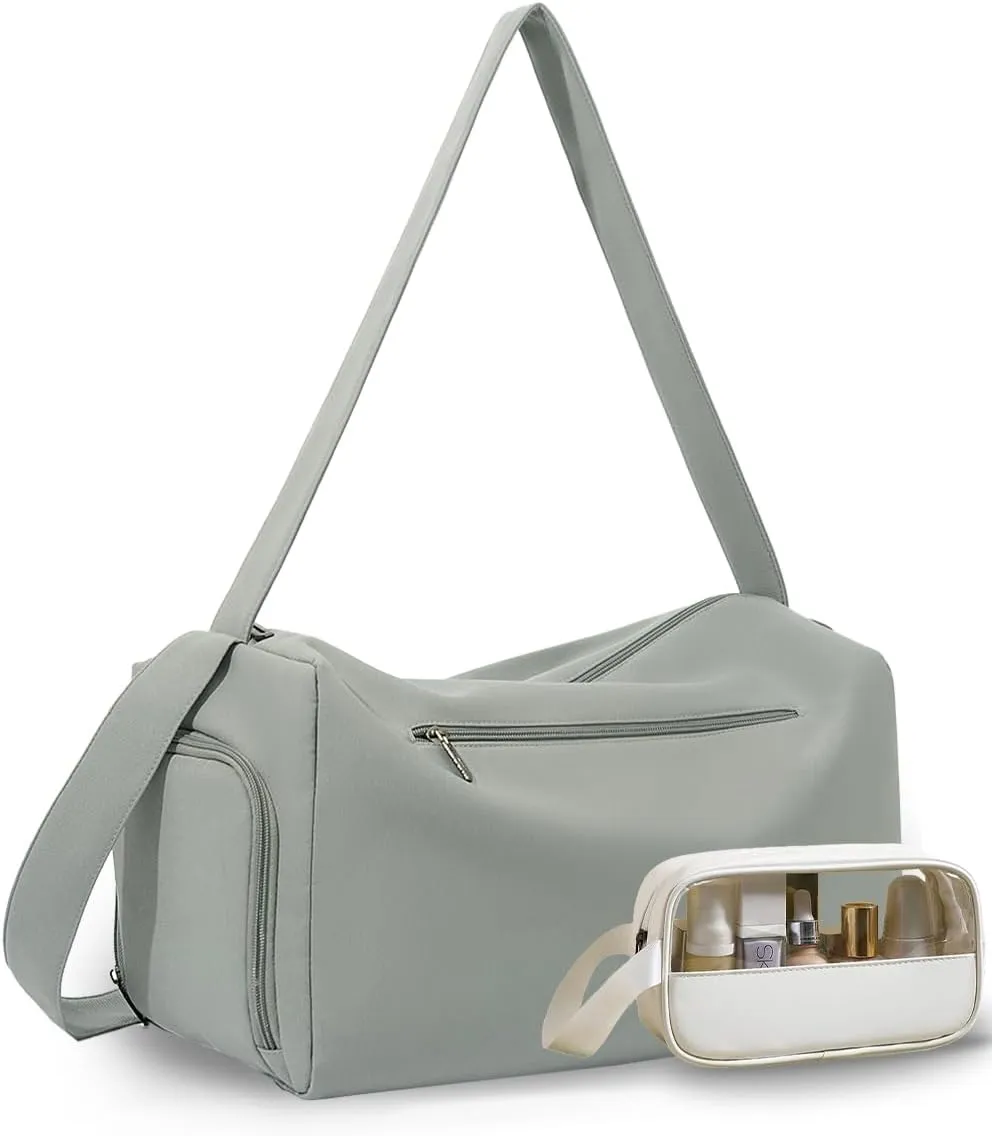 Travel Duffel Bag, Small Gym Bag for Women and Men, 15" Travel Duffle Bag with Shoes Compartment & Toiletry Bag, Underseat Carry on Bag with Trolley Sleeve (Gray)