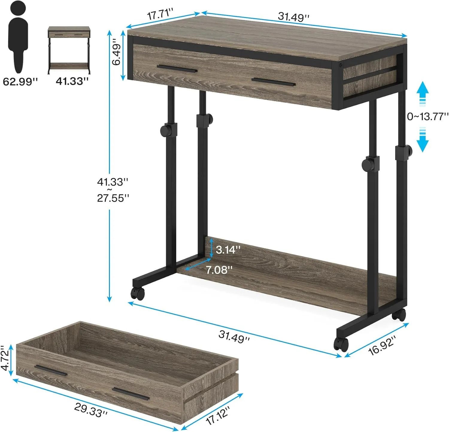 Tribesigns Portable Desk with Drawers, Mobile Laptop Desks with Wheels, Couch Desk Sofa Side Table, Small Standing Desks for Home Office (Retro Grey)