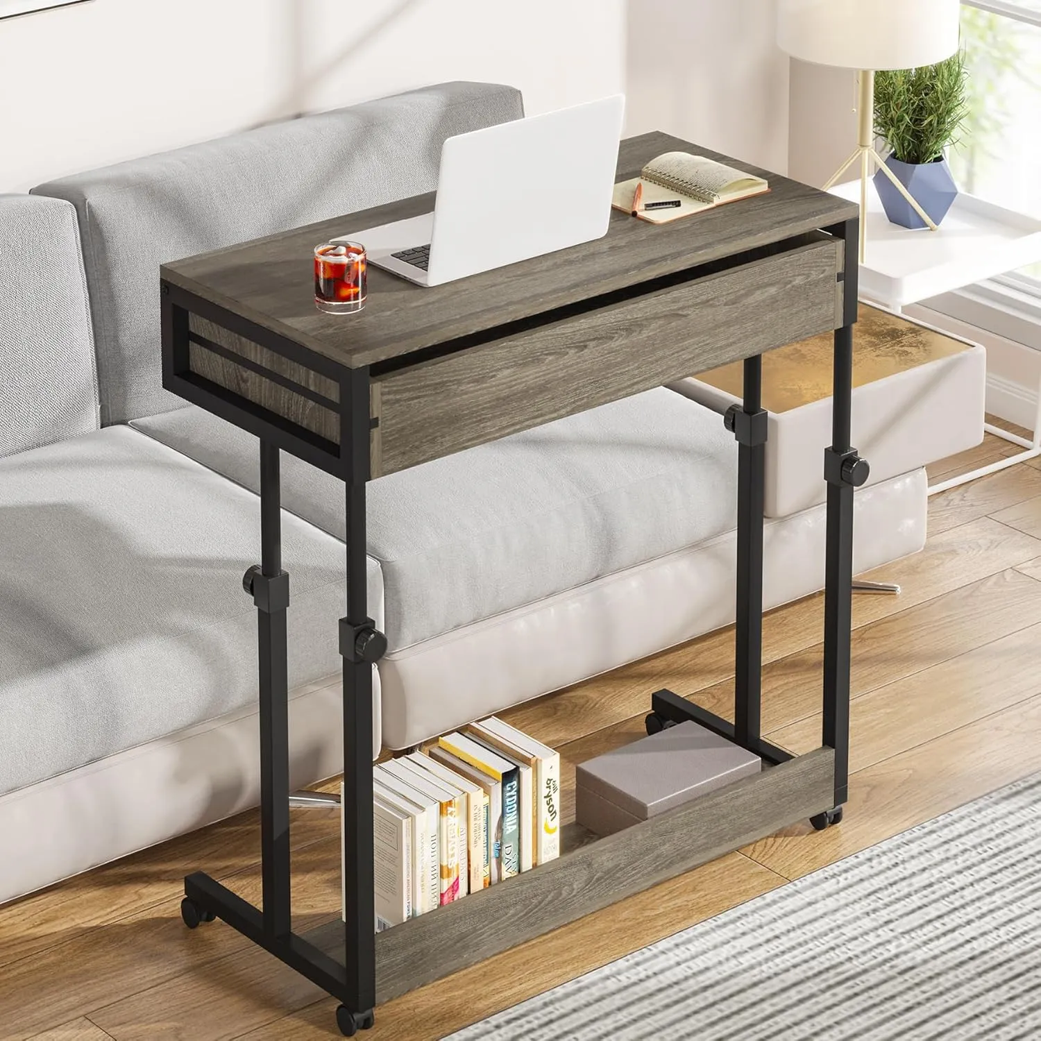 Tribesigns Portable Desk with Drawers, Mobile Laptop Desks with Wheels, Couch Desk Sofa Side Table, Small Standing Desks for Home Office (Retro Grey)
