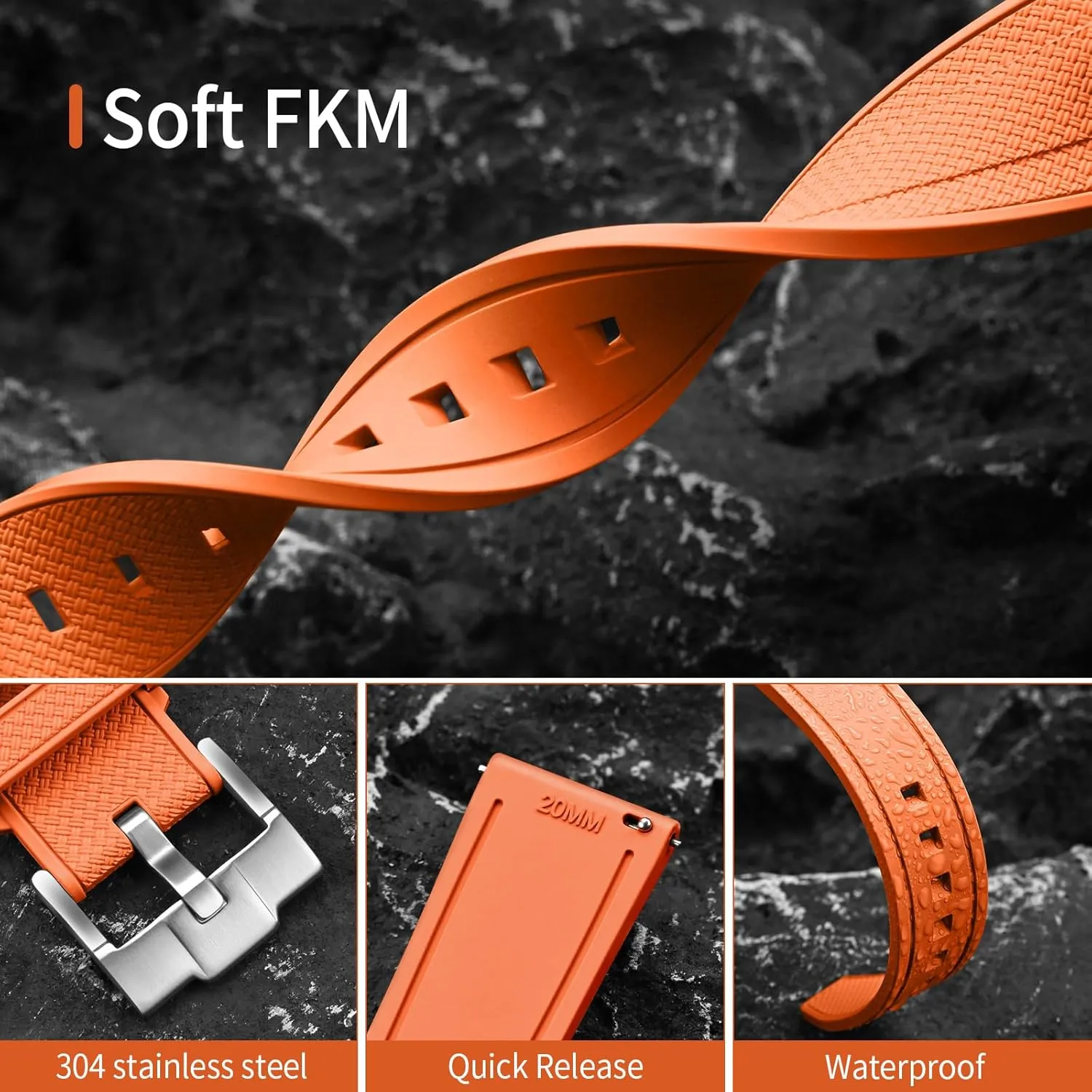 ULLCHRO FKM Rubber Watch Strap 20mm 22mm Quick Release Fluororubber Band with Silver Buckle Soft Breathable Durable Rubber Sport Strap for Men Women Waterproof Silicone Replacement