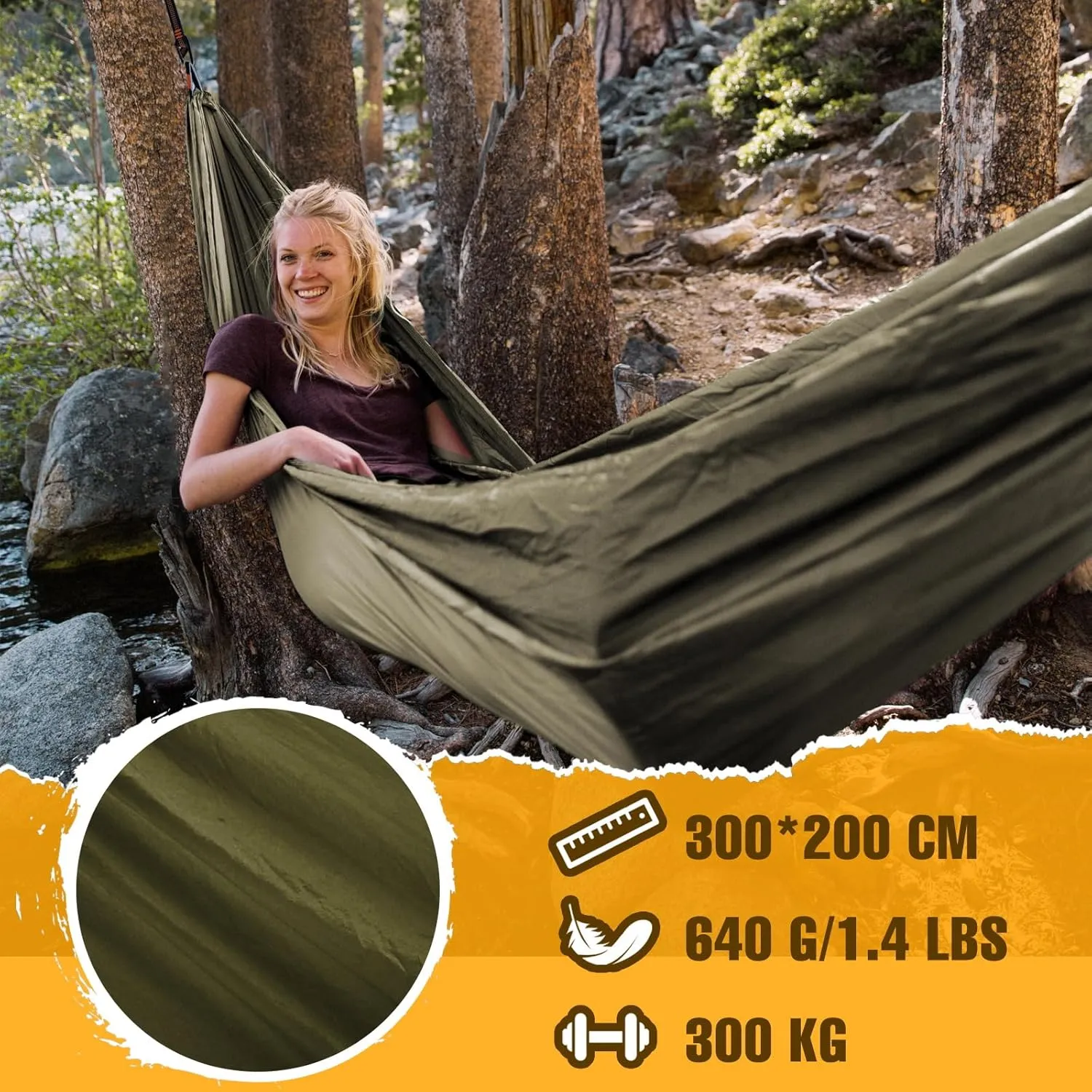 Ultra-Light Travel Camping Hammock | 300kg Load Capacity,(300x200cm) Breathable,Quick-Drying Parachute Nylon | 2 x Premium Carabiners,2 x Nylon Slings Included | for Outdoor Indoor Garden