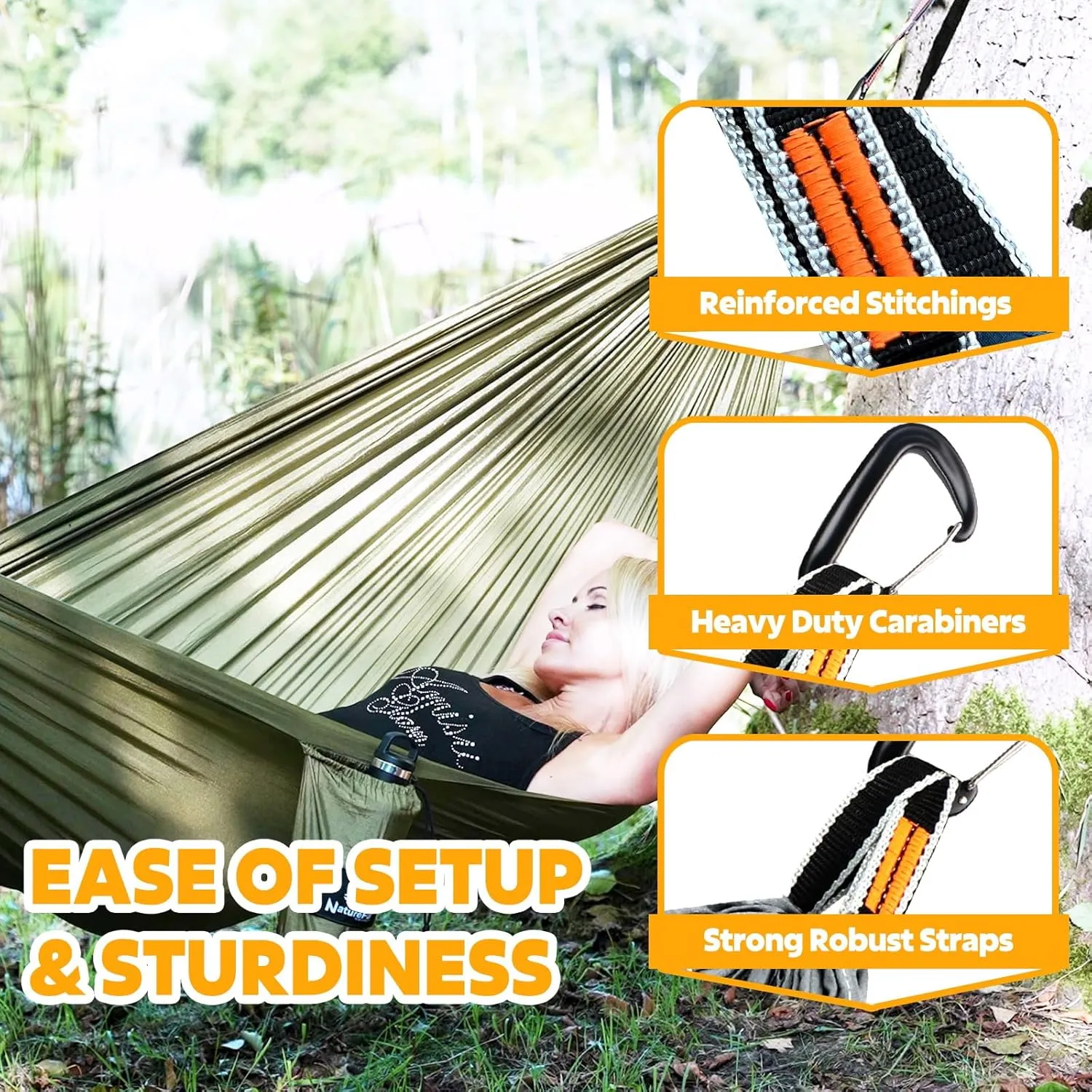 Ultra-Light Travel Camping Hammock | 300kg Load Capacity,(300x200cm) Breathable,Quick-Drying Parachute Nylon | 2 x Premium Carabiners,2 x Nylon Slings Included | for Outdoor Indoor Garden