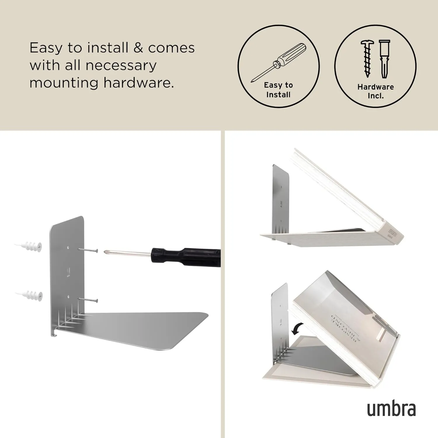 Umbra Conceal Floating Bookshelf, Large, Silver, Set of 3