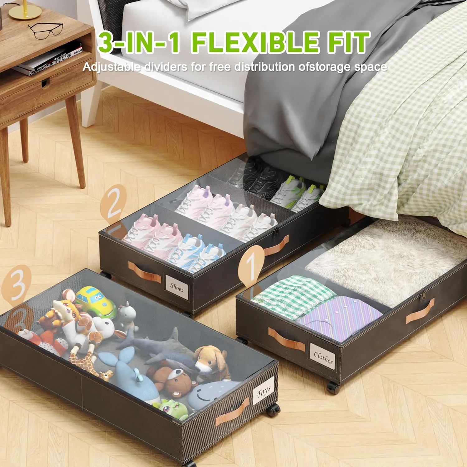 Under Bed Storage with Wheels, 2-Pack Under Bed Storage Containers with Clear Lids, XXL 65L Under the bed storage Organizer Bins, Rolling Under Bed Metal Drawer for Clothes,Shoes,Toys (Black)