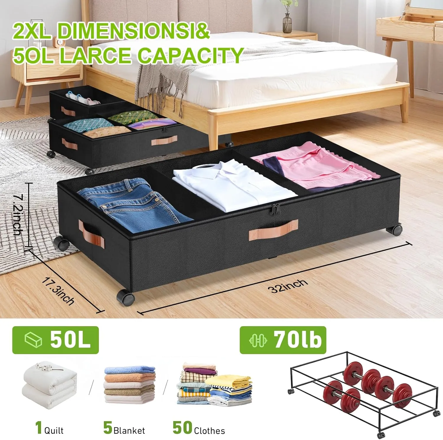 Under Bed Storage with Wheels, 2-Pack Under Bed Storage Containers with Clear Lids, XXL 65L Under the bed storage Organizer Bins, Rolling Under Bed Metal Drawer for Clothes,Shoes,Toys (Black)