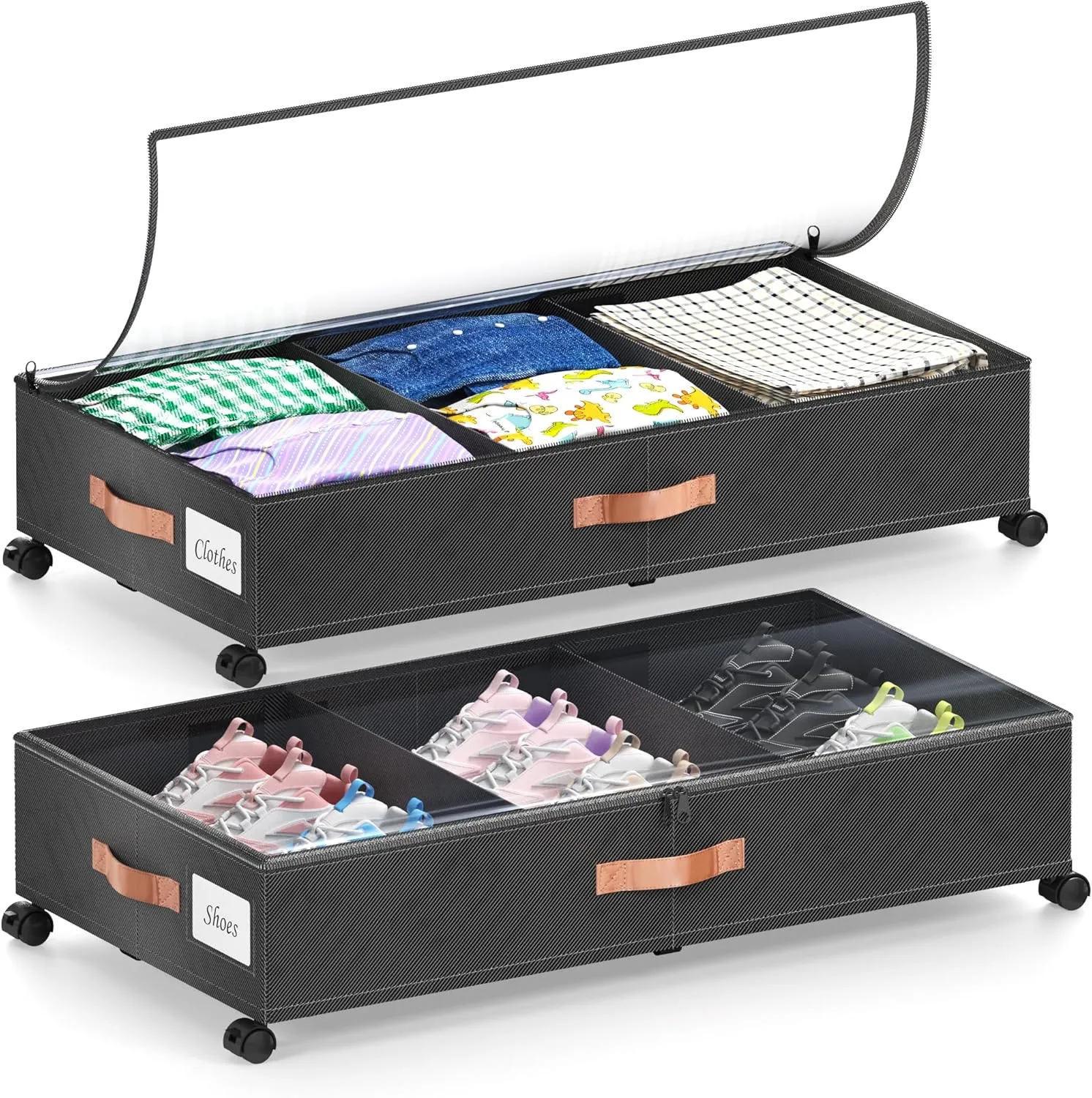Under Bed Storage with Wheels, 2-Pack Under Bed Storage Containers with Clear Lids, XXL 65L Under the bed storage Organizer Bins, Rolling Under Bed Metal Drawer for Clothes,Shoes,Toys (Black)