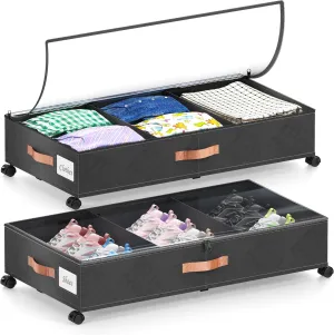 Under Bed Storage with Wheels, 2-Pack Under Bed Storage Containers with Clear Lids, XXL 65L Under the bed storage Organizer Bins, Rolling Under Bed Metal Drawer for Clothes,Shoes,Toys (Black)