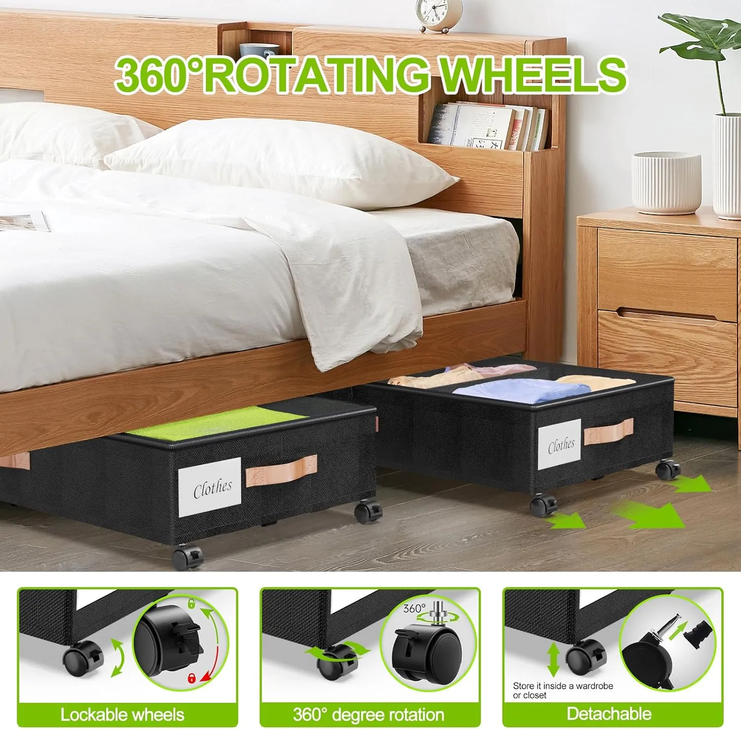 Under Bed Storage with Wheels, 2-Pack Under Bed Storage Containers with Clear Lids, XXL 65L Under the bed storage Organizer Bins, Rolling Under Bed Metal Drawer for Clothes,Shoes,Toys (Black)