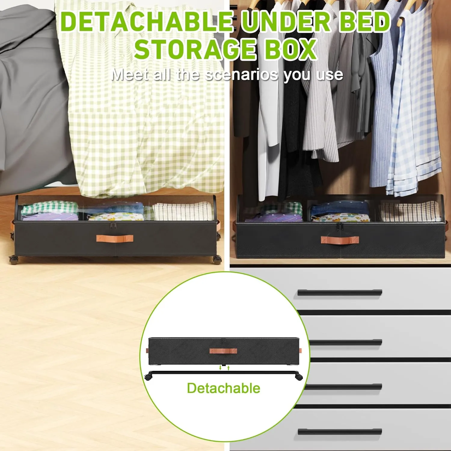 Under Bed Storage with Wheels, 2-Pack Under Bed Storage Containers with Clear Lids, XXL 65L Under the bed storage Organizer Bins, Rolling Under Bed Metal Drawer for Clothes,Shoes,Toys (Black)