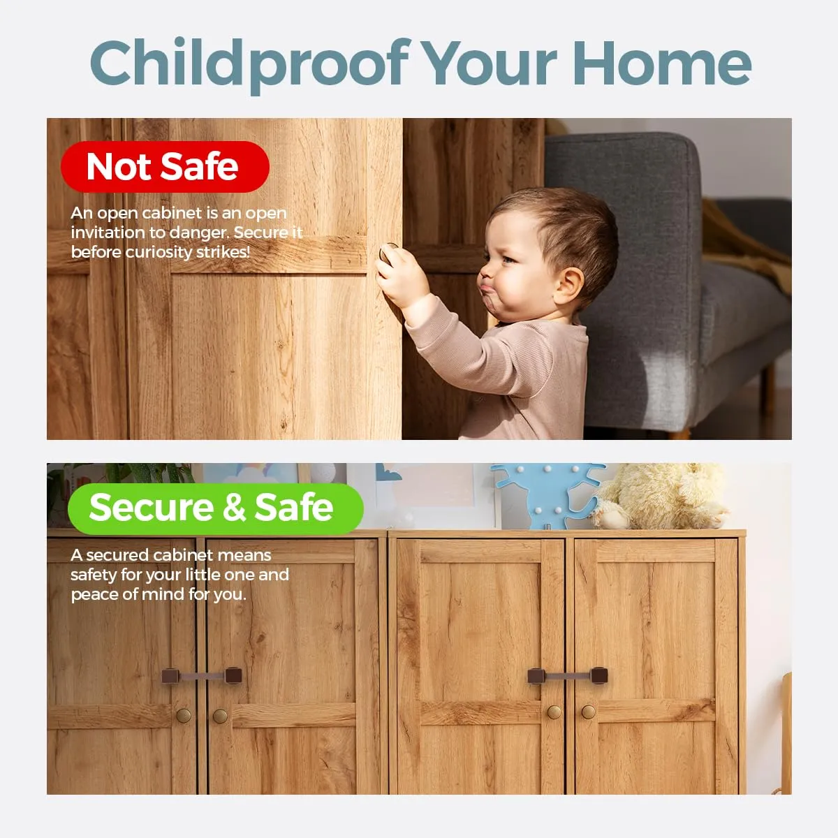 Updated Version Cabinet Locks Baby Proofing (6-Pack Brown) - Child Proof Cabinet Locks, No Drilling, Easy Installation, Adjustable & Reusable, Drawer Locks Baby Proofing