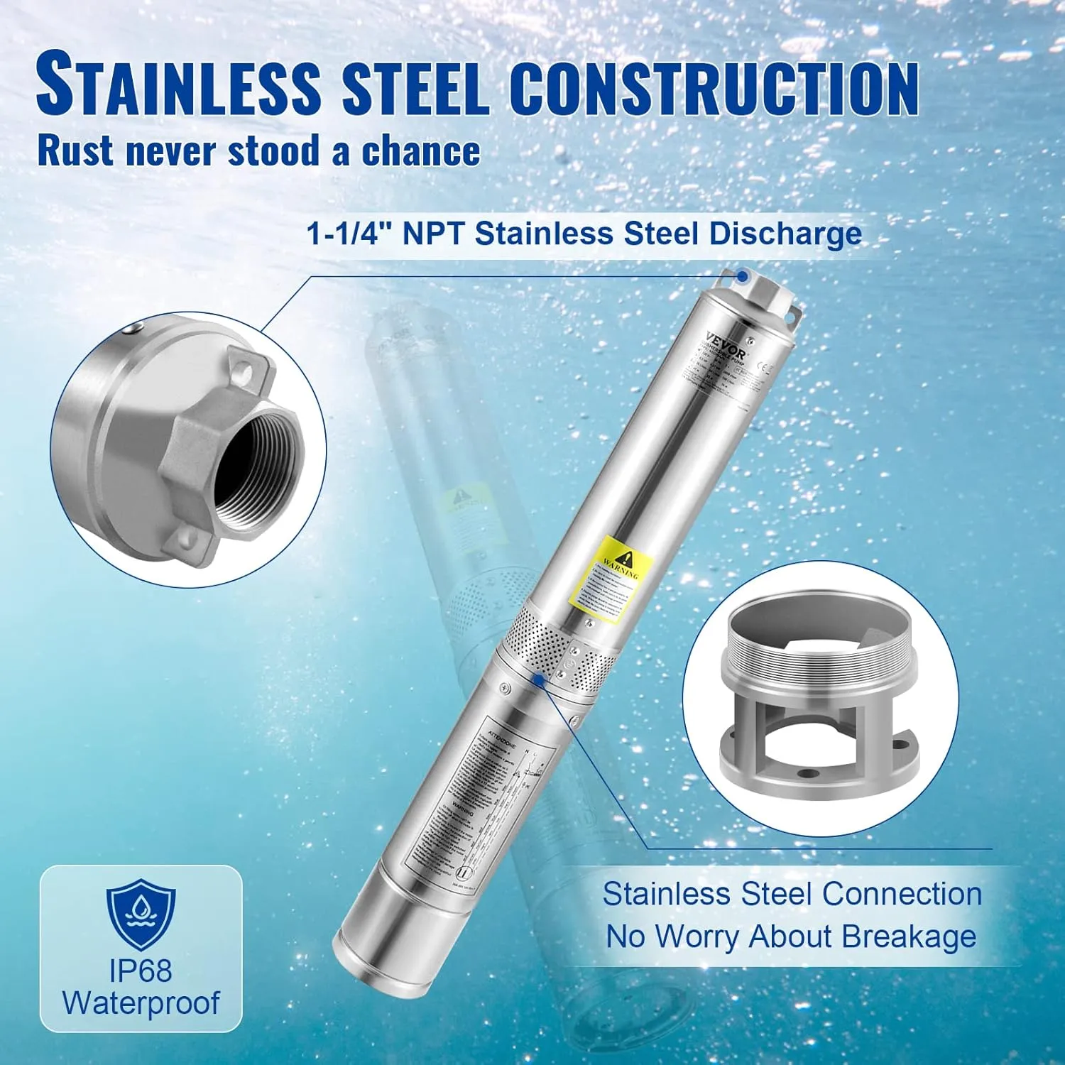 VEVOR Deep Well Submersible Pump, 1.5HP 115V/60Hz, 37gpm 276ft Head, with 33ft Cord & External Control Box, 4" Stainless Steel Water Pump for Industrial, Irrigation and Home Use, IP68 Waterproof