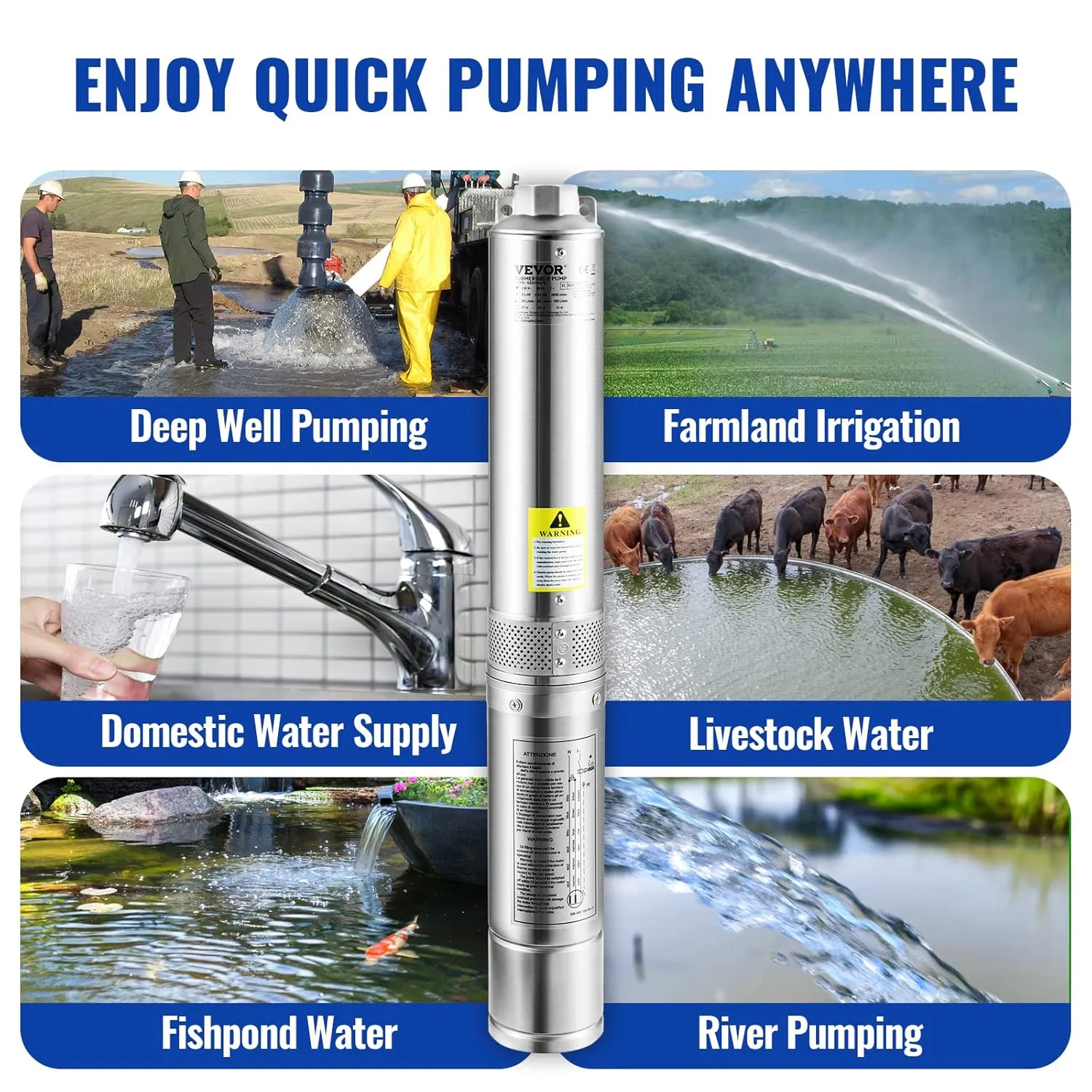 VEVOR Deep Well Submersible Pump, 1.5HP 115V/60Hz, 37gpm 276ft Head, with 33ft Cord & External Control Box, 4" Stainless Steel Water Pump for Industrial, Irrigation and Home Use, IP68 Waterproof