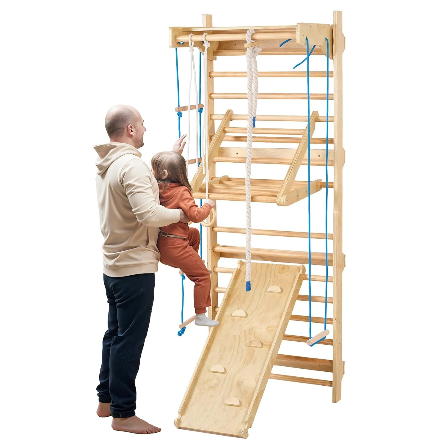 VEVOR Swedish Ladder Wall Gym, 15-Level 8 in 1 Wooden Indoor Jungle Gym, 220 lbs Load Capacity Playground Climbing Toys with Pull-Up Bar, Gym Rings, Swing Seat, Rope Ladder, Wall Ladder, Slide Board
