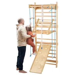 VEVOR Swedish Ladder Wall Gym, 15-Level 8 in 1 Wooden Indoor Jungle Gym, 220 lbs Load Capacity Playground Climbing Toys with Pull-Up Bar, Gym Rings, Swing Seat, Rope Ladder, Wall Ladder, Slide Board