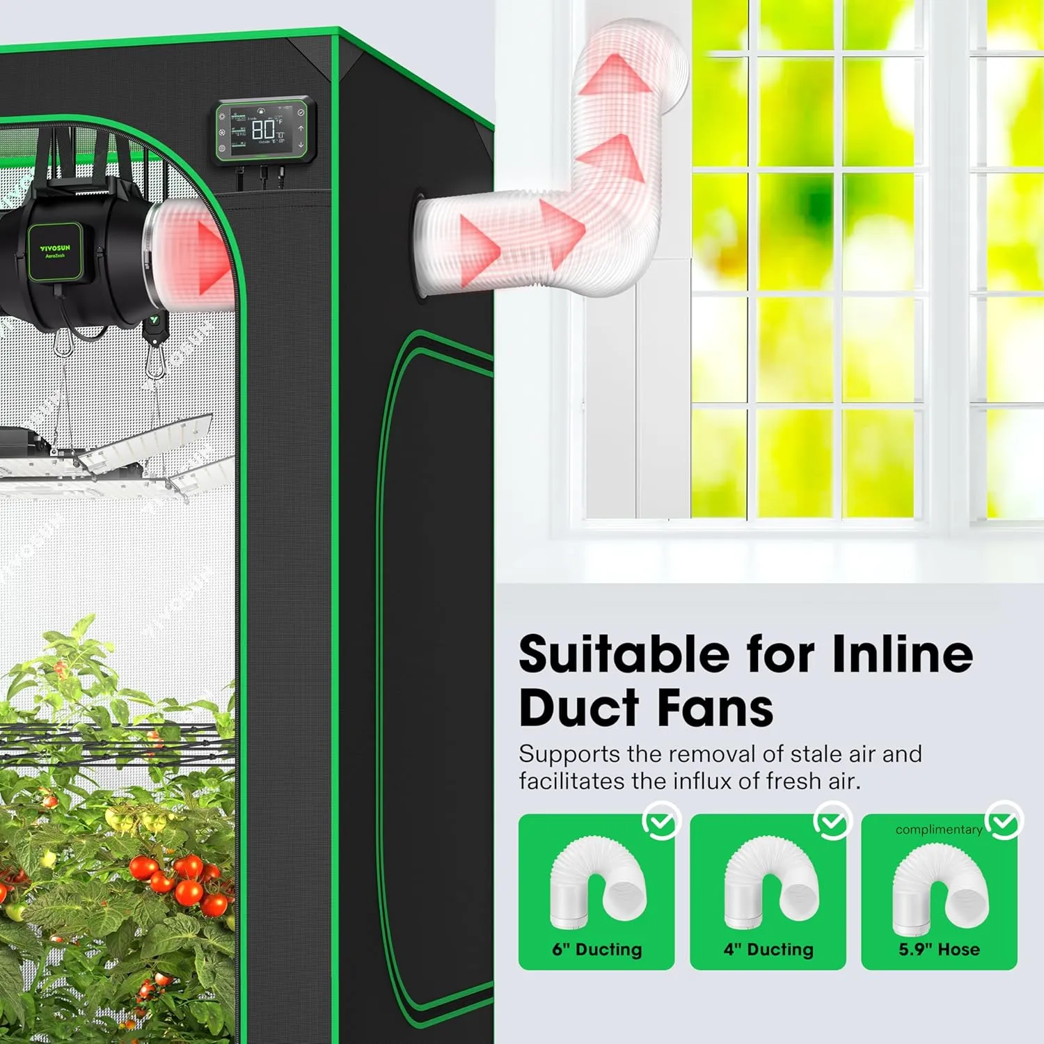 VIVOSUN Window Duct Kit, Portable AC Window Seal Kit with 5.9" Diameter 59" Length Hose, Fit with 4"/6" Ducting for Sliding Window, Adjustable AC Vent Kit for Duct Fans, Air Conditioner, Dryer