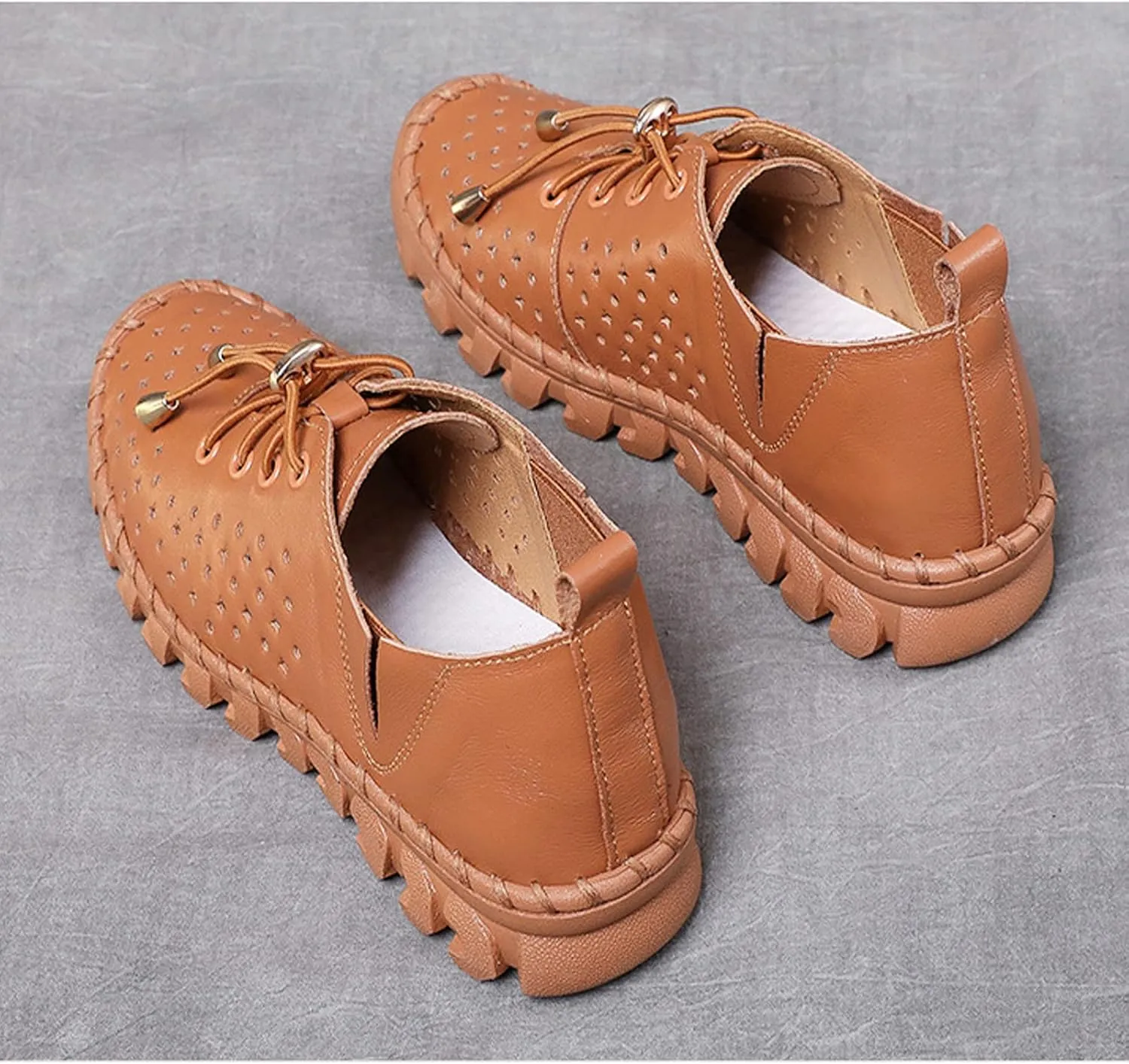 WENOREG Women's Soft Leather Lace-Up Hollow Out Loafers,Slip-on Flat Orthopedic Sneakers,Fashion Breathable Hand-Stitching Moccasins Mom Non-Slip Comfort Walking Casual Shoes