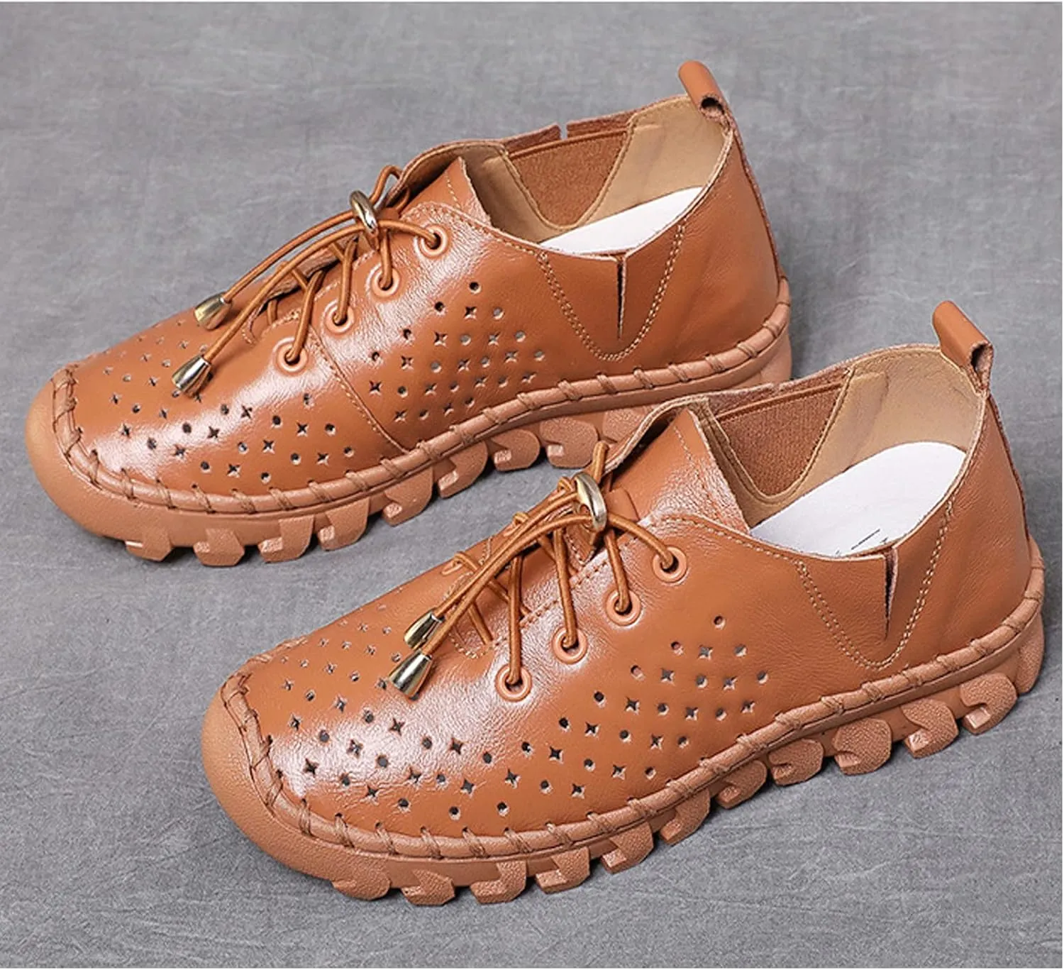 WENOREG Women's Soft Leather Lace-Up Hollow Out Loafers,Slip-on Flat Orthopedic Sneakers,Fashion Breathable Hand-Stitching Moccasins Mom Non-Slip Comfort Walking Casual Shoes