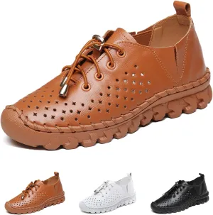 WENOREG Women's Soft Leather Lace-Up Hollow Out Loafers,Slip-on Flat Orthopedic Sneakers,Fashion Breathable Hand-Stitching Moccasins Mom Non-Slip Comfort Walking Casual Shoes