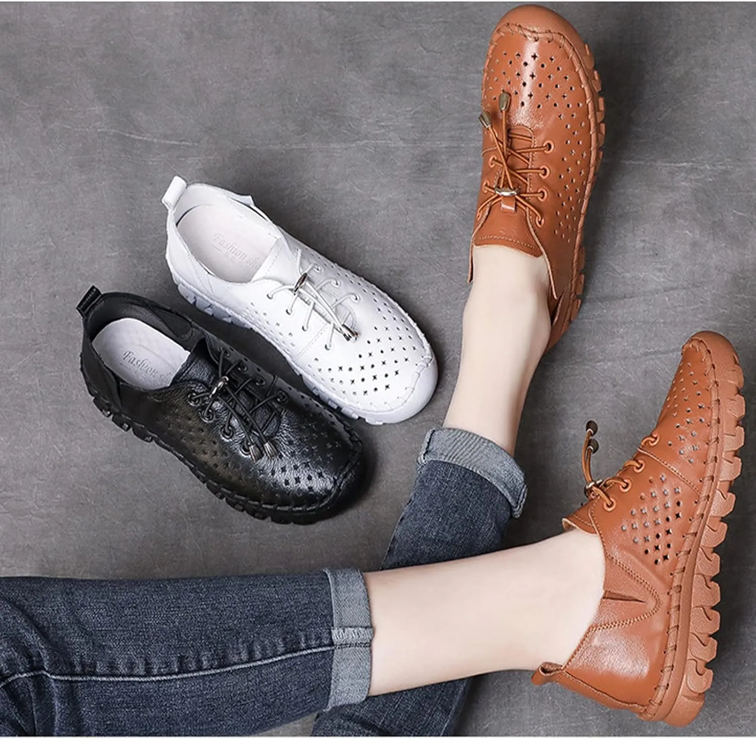 WENOREG Women's Soft Leather Lace-Up Hollow Out Loafers,Slip-on Flat Orthopedic Sneakers,Fashion Breathable Hand-Stitching Moccasins Mom Non-Slip Comfort Walking Casual Shoes